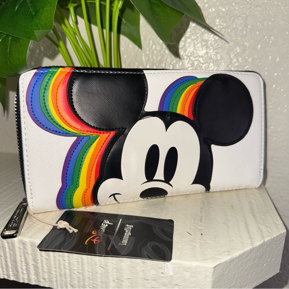 New Loungefly Disney Mickey Mouse Peekaboo Zipper Wallet Rainbow & White NWT